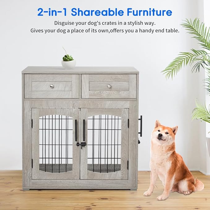 Dog Crate Furniture with Double Drawers, Wooden End Table Dog Kennel, Furniture Style Wood House Crate for Small/Medium/Large Dogs, Decorative Dog Crate with Storage for Large Breed, 40 Inch, Gray