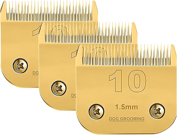 3 PC#10 Clipper Blade Dog Grooming Compatible with Andis/Wahl/Oster Dog Clippers, Carbon Infused Steel Detachable Ceramic Sharp Edge,1/16 -Inch 1.5mm Cut Length (Gold)