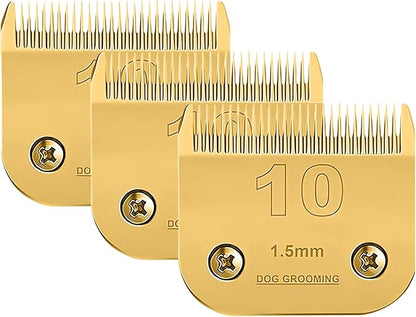 3 PC#10 Clipper Blade Dog Grooming Compatible with Andis/Wahl/Oster Dog Clippers, Carbon Infused Steel Detachable Ceramic Sharp Edge,1/16 -Inch 1.5mm Cut Length (Gold)