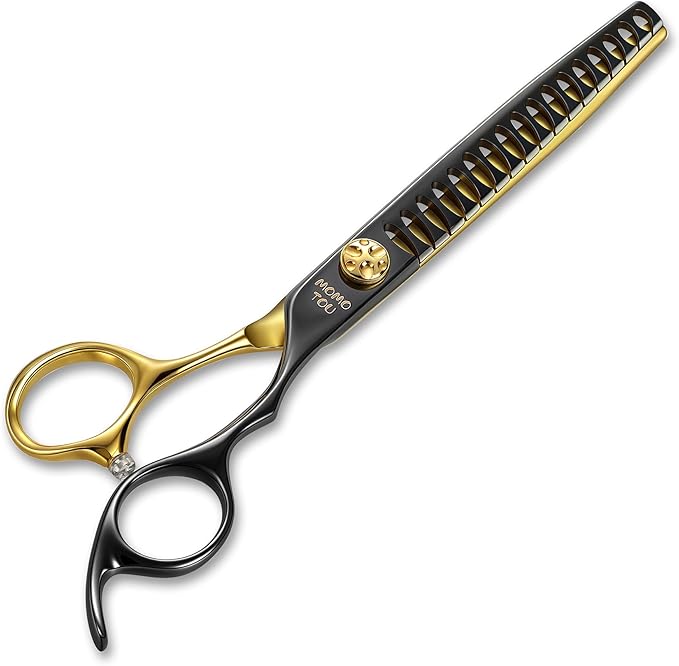 7'' Professional Chunker Dog Grooming Scissors with Decorative Screw Sharp and Durable Black and Golden 440C Stainless Steel Dog Texturizing Thinner Shears Easy Use for Groomers and Beginners.