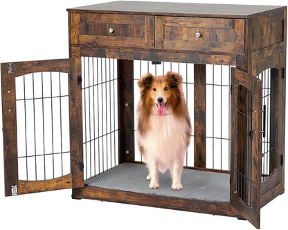Dog Crate Furniture with Drawers and Cushion, 39.4" 3-Doors Dog Furniture, Wooden Dog House Kennel for Large/Medium/Small Dog, Dog Crate Table, Indoor End Table Dog House (Rustic Brown)