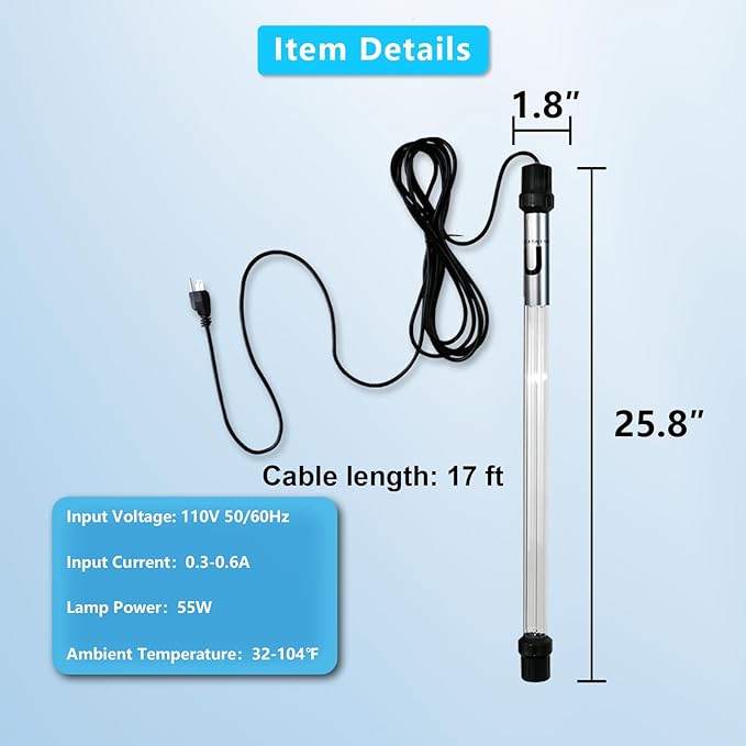 55W Aquarium UV Light for 500-5500 Gallon, UV Pond Water Clarifier for Koi Pond, Swimming Pool, Spa, Large Fish Tank, Cold Plunge