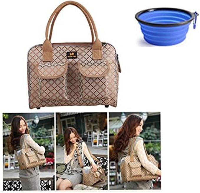 Hubulk Dog Carrier Bag Pet Tote Bag Doggie Handbag Cat Purse Puppy Pouch, Free Collapsible Dog Bowl Included (M Khaki)