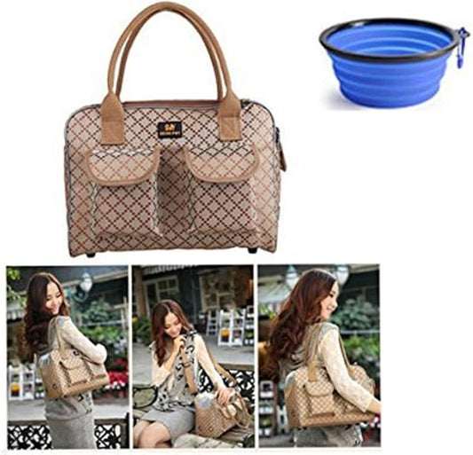 Hubulk Dog Carrier Bag Pet Tote Bag Doggie Handbag Cat Purse Puppy Pouch, Free Collapsible Dog Bowl Included (M Khaki)