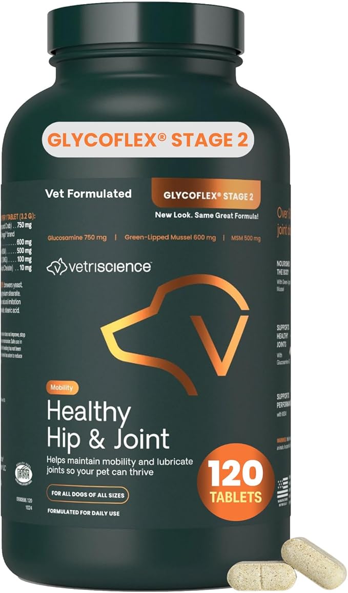 VetriScience Healthy Hip & Joint Chewable Tablets, GlycoFlex Glucosamine and Green-Lipped Mussel Joint Support Supplement for Dogs, Promote Mobility and Protect Joints, Chicken, 120 Count