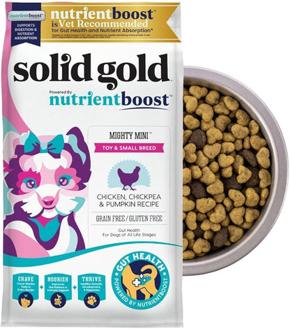 Solid Gold Toy & Small Breed Dry Dog Food Small Bites  Real Chicken, Grain Free Gluten Free, High Fiber Healthy Kibble w/Probiotics for Gut Health & Digestion Support  NutrientBoost  3.75LB