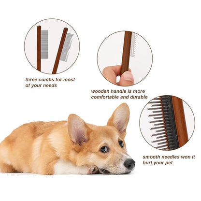 2pcs Grooming Comb for Pets, Solid Wood Cat Combs with Narrow Rounded-Tip Steel Teeth Pet Hair Comb Metal Flea Lice Comb for Cats Dogs Small & Medium Pets Tangled Hair