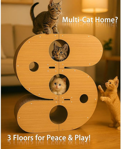 3-in-1 S-Shaped Cat Scratcher Tunnel & Cat Tree – Large Cat Furniture for Climbing, Scratching, Hiding & Play, Multi-Entry Maze Design, 37"x41.7"x11.8