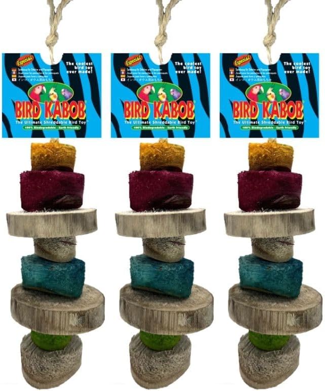 BIRD KABOB Especial - 3 Pack - an All-Natural, Holistic, Veterinarian Recommended, Earth Friendly, shreddable Hanging Bird Toy with Colored Yucca Chunks