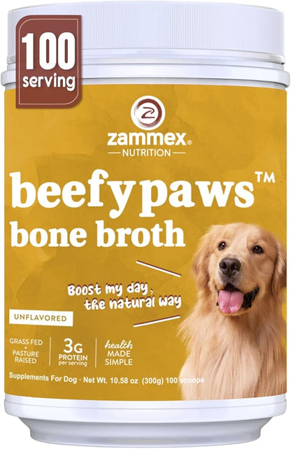 Zammex Bone Broth for Dogs, Grass Fed Beef Bone Broth Protein Powder - Supports Joints and Bone, Enhances Fur, Dogs & Cats Food Toppers for Dry & Wet 10.58oz