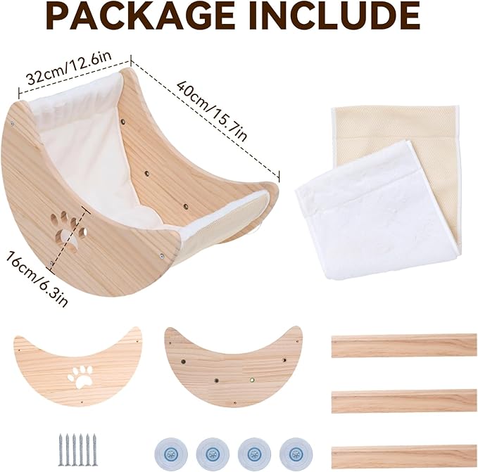 Cat Window Perch Hammock Bed for Indoor Cats Wooden Moon Cat Shelves with Strong Suction Cup Cat Furniture for Sleep Watch Birds Sunbathing Soft Warm Pet Bed