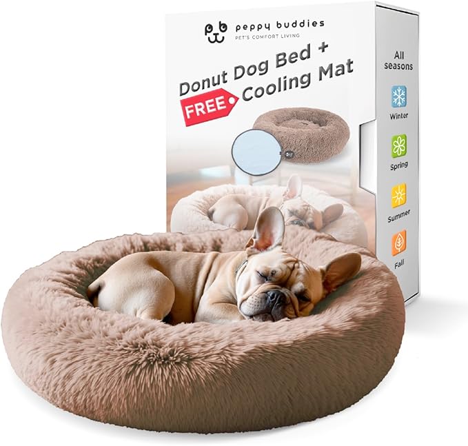 Small Donut Dog Bed, Calming Dog Bed Washable Ideal for Small to Large Dogs and Cats & Round Dog Bed,Anti-Anxiety Multiple Sizes (Brown, Combo Small (23" L x 23" W x 7" Th))
