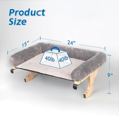 Zakkart Cat Perch for Window Sill with Bolster - Orthopedic Hammock Design with Premium Hardwood & Robust Metal Frame - Cat Window Seat for Large Cats and Kittens - Natural Color Wood with Gray Bed