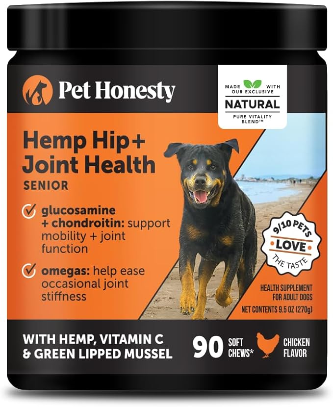Senior Hemp Hip & Joint Supplement for Dogs - Dog Joint Supplement with Hemp Oil & Powder, Glucosamine, Collagen, MSM & Green Lipped Mussel - Mobility for Senior Dogs (Chicken 90)