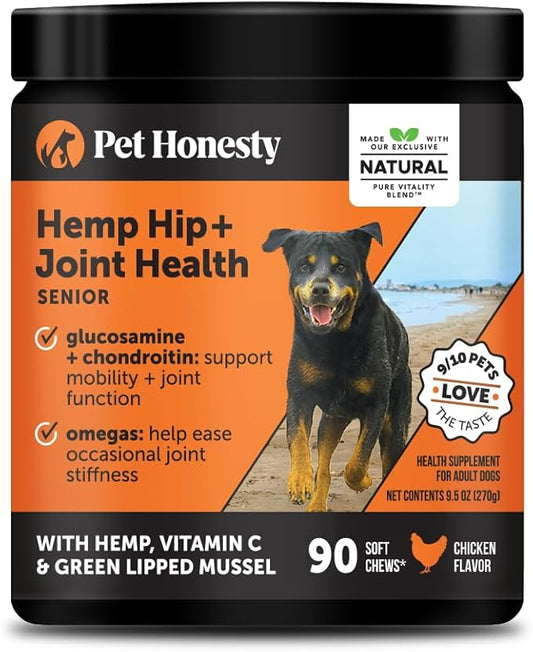 Senior Hemp Hip & Joint Supplement for Dogs - Dog Joint Supplement with Hemp Oil & Powder, Glucosamine, Collagen, MSM & Green Lipped Mussel - Mobility for Senior Dogs (Chicken 90)