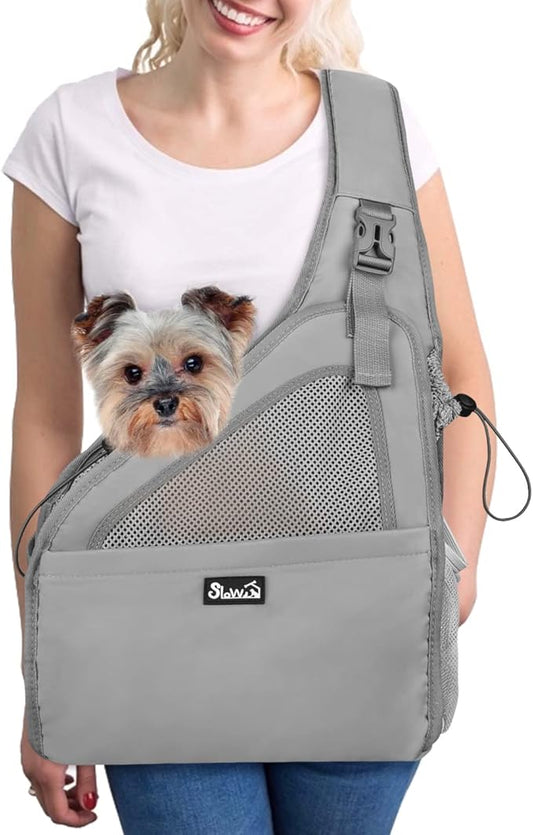 SlowTon Pet Dog Sling Carrier, Hands Free Hard Bottom Papoose Small Animal Puppy Up to 12 lbs Travel Bag Tote Breathable Mesh Support Adjustable Padded Strap Pocket Safety Belt Machine Washable