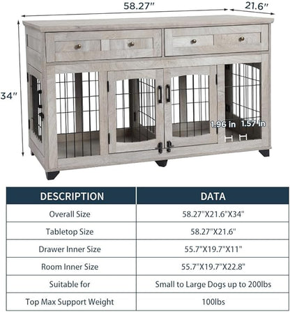 2 Rooms Dog Crate Furniture with Openable Partition,58" Wooden Dog Crate Table with 2 Drawers,5-Doors Dog Furniture,Indoor Dog Kennel,Dog House,Dog Cage,TV Stand (Grey)
