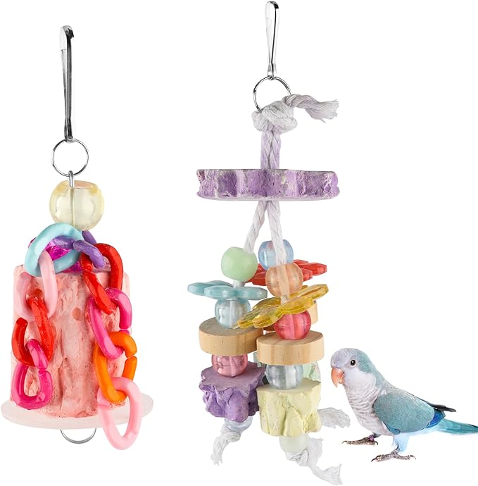 2PCS Bird Beak Grinding Stone, Calcium Stone Parrot Chew Toys Cage Hanging Bite Accessories for Hamster, Budgies, Parakeets, Cockatiels, Conures