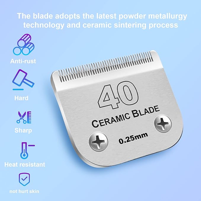 2 Pack Detachable Pet Dog Grooming Clipper Ceramic Blade,Compatible with Andis Size 40 Cut Length 1/100"(0.25mm),Compatible with Oster A5,Wahl KM Series Clippers