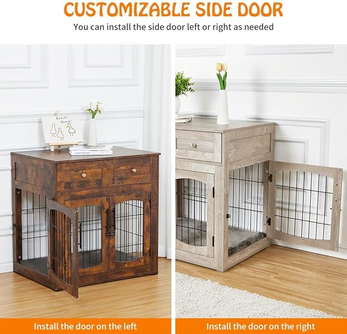 Dog Crate Furniture with Storage Drawers,39.4" Wooden Dog Crate Table with 2 Drawers,Indoor Dog Kennel with Cushion,Dog House,Dog Cage,Side End Table Crate