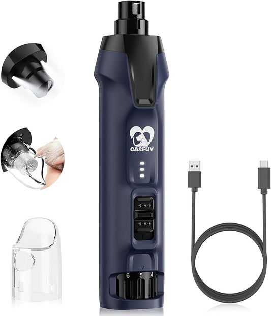 Casfuy 6-Speed Dog Nail Grinder  50%+ Boost Power Dog Nail Trimmers Quiet with Dust Cap & 2 LED Lights & 2000mAh Battery & 4.8V Motor Electric Pet Toenail File Tool for Large Medium Small Dogs Cats