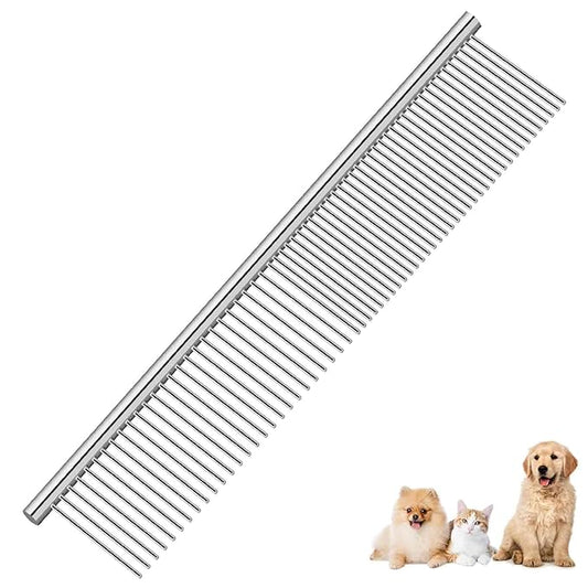 Dog Grooming Comb Pet, Stainless Steel Cat Combs with Rounded Teeth, Professional Metal Tear Stain Remover, Dematting Tool for Small, Medium & Large Pets-7.5in