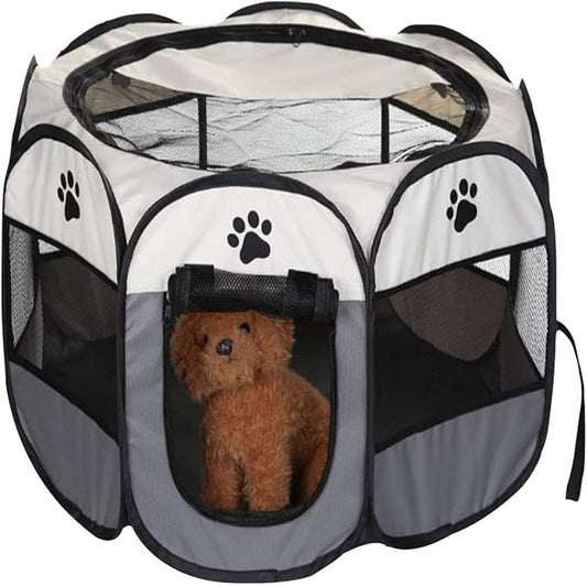 Dog playpen, Foldable Puppy Playpen, Pet Playpen Carrier Pop Up Tent 8-Panel Mesh Cover Adorable Design 600D Soft Oxford Playpen Kennel for Indoor-Outdoor Dog Cat Rabbit. (S 28" * 28" * 18", Gray)