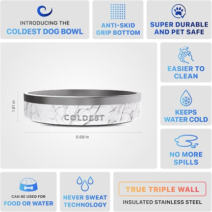 Coldest Dog Bowl - Anti Rust Metal, Non Slip, 3 Layers Insulated Stainless Steel Dog Bowls - Spill Proof & Heavy Duty - Water Bowl for Dogs, Cats & Pets, Dish Washer Safe (21 oz, Carrara Marble)