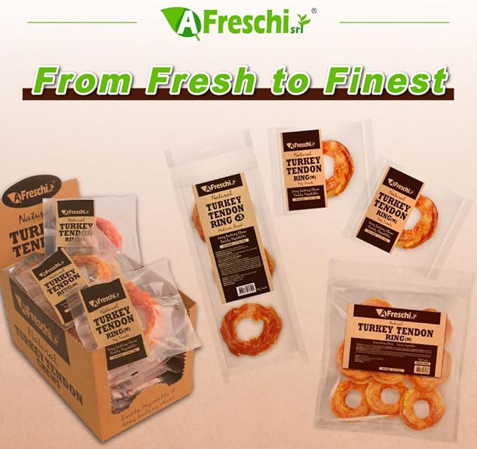 AFreschi Turkey Tendons for Dogs, USA-Sourced, Healthy Dog Treats, Rawhide-Free Puppy Chews, Long Lasting, All Natural, Hypoallergenic Dog Treats for Medium Breeds, 20 Count Box Ring (M)