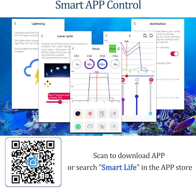 PopBloom RL90 WiFi Reef LED Light, 200W Reef Aquarium Lighting for SPS LPS Corals and Saltwater Fish Tanks, Enhanced Violet and Blue Spectrum,APP Fully Programmable (2 Lights with Hang kit)