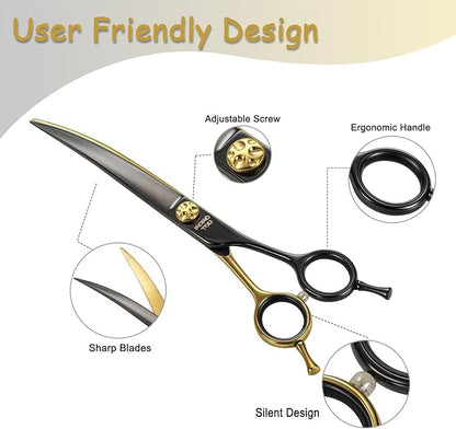 7'' Professional Curved Dog Grooming Scissors with Decorative Screw Sharp and Durable Black and Golden 440C Stainless Steel Dog Shears Easy Use for Groomers and Home User