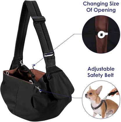 Dog Padded Papoose Sling, Small Pet Sling Carrier Hands Free Carry Adjustable Shoulder Strap Reversible Tote Bag with a Pocket Safety Belt Dog Cat Traveling Subway