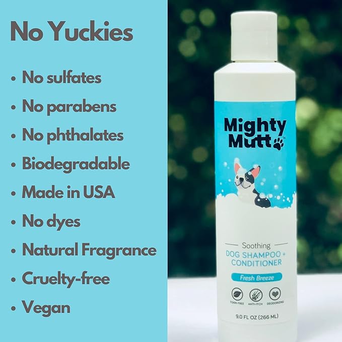 Mighty Mutt Soothing Dog Shampoo and Conditioner + Brush Bundle | Fresh Breeze (9 fl oz) | Deodorizes Smelly Dogs | Detangles | Natural, Hypoallergenic & Anti-Itch Dog Shampoo Sensitive Skin