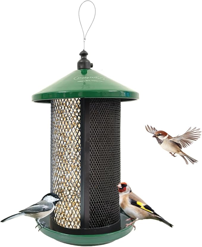 Happy Wings Portable Dual Mesh Metal Hanging Finch Bird Feeder - Durable & Heavy- Duty with 360° Perch & 2 Separate Seed Compartments - Holding Capacity: Upto 3.4 lbs (1.5 Kg) - (Natural Green)