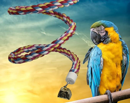 2PCSx 79inch(200cm) Bird Spiral Rope with Golden Bell Perches Birdcage Swing Toys 100% Cotton Natural Bird Perch Peck/Chewing Climbing Standing Bungee Parrot Toys for Regular to Large Size Parrot