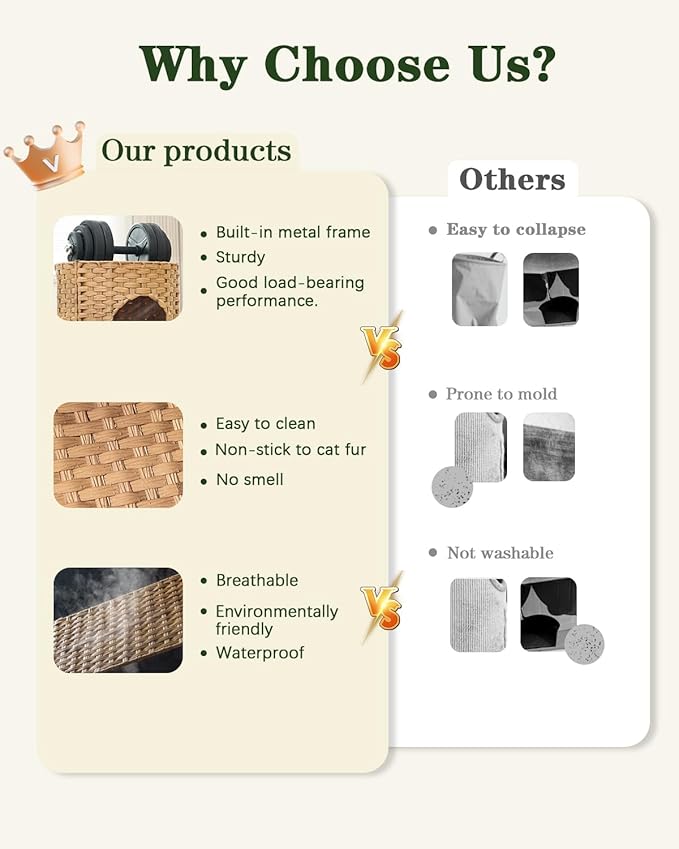 Cat House for Indoor Cat, Small Cat Houses Handwoven PE Rattan Kitten Cave, Pet Kitten Bed Covered, One Bed Pad, 13 x 13 x 13.7 Inches, Foldable Hideaway in Living Room Natural