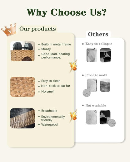 Cat House for Indoor Cat, Small Cat Houses Handwoven PE Rattan Kitten Cave, Pet Kitten Bed Covered, One Bed Pad, 13 x 13 x 13.7 Inches, Foldable Hideaway in Living Room Natural