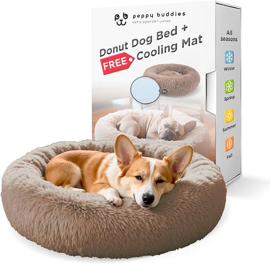 Medium Donut Dog Bed, Calming Dog Bed Washable Ideal for Small to Large Dogs and Cats & Round Dog Bed,Anti-Anxiety Multiple Sizes (Brown, Combo Medium (30" L x 30" W x 8" Th))