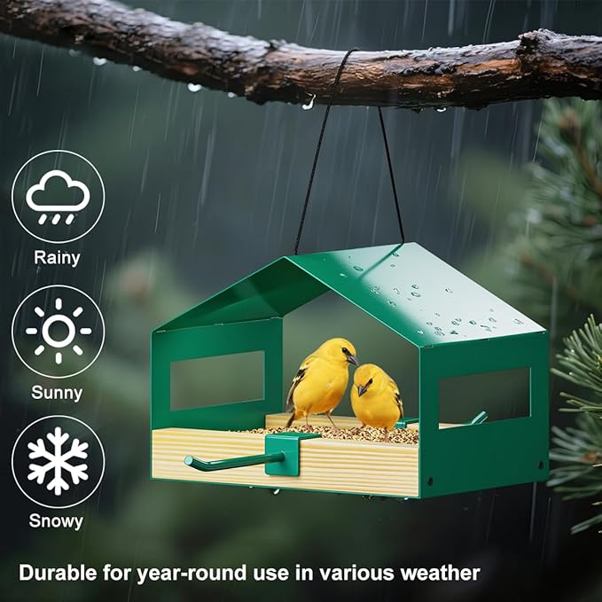 FANHAO Metal Bird Feeder for Outdoors Hanging, Wild Bird Feeder House with Rust-Resistant Mesh, Hanging Platform Bird House Feeder for Attracting Birds, Weatherproof, Easy to Clean & Refill