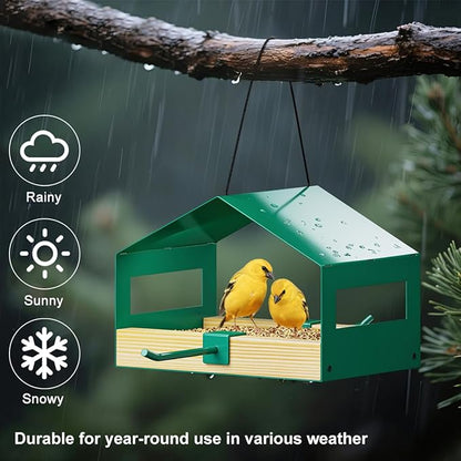 FANHAO Metal Bird Feeder for Outdoors Hanging, Wild Bird Feeder House with Rust-Resistant Mesh, Hanging Platform Bird House Feeder for Attracting Birds, Weatherproof, Easy to Clean & Refill