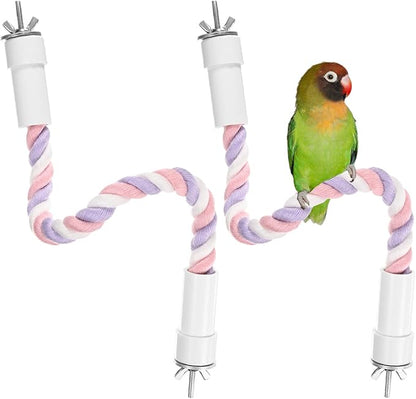 2-Pack Rope Perches for Bird Cages, 13.8 in Length Comfort Grip Flexible Rope Perch Beak & Paw Grinding for Parrots/Cockatiels/Parakeets, Bird Platform Sand [Pink Purple]