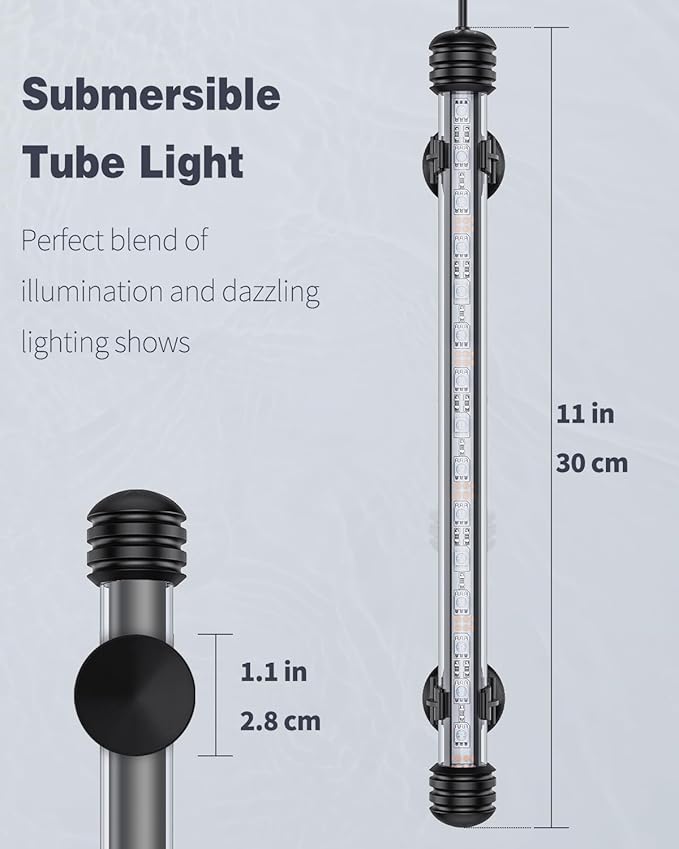 Pawfly 3 W Aquarium LED Light 11 Inch Underwater Fish Tank Light with Timer Auto On/Off Fish Tank Background Lights with 8 Lighting Modes Submersible Multi-Colored Tube Lights for Decoration
