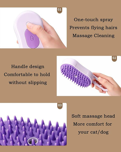 Cat Steam Brush for Shedding - 4 in 1 Cat Brush with Steam Anti-Static, Massaging & Shedding Comb – All-In-One Pet Grooming and Cleaning, Purple