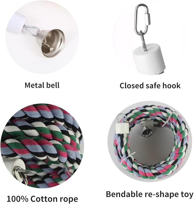 65 inch Length Colorful Cotton Bendable Rope Perch Swing Bird Chew Toys Amazon Parrots Cage Toys with Bell Swing Climbing Standing Bungee Bird Toys for Large to Regular Birds