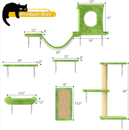 NUNU LAB Wall Mounted Cat Climber Set, 6 Pcs Cat Furniture Set with House, Bridge, Steps, Scratcher Board and Hammock, Shelves for Indoor, Luxury Walls Furniture(Green)