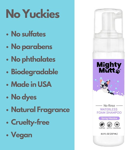 Mighty Mutt Hypoallergenic Waterless Shampoo for Dogs | Dry Shampoo for Dogs | Waterless Foam No Rinse | Anti-Itch, Soothing and Deodorizing | Spring Meadow | 8 Fl Oz