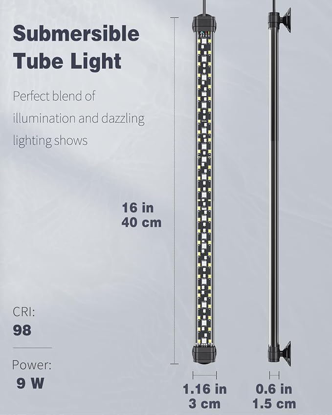 Pawfly 8 W Aquarium LED Light 16 Inch 24/7 Fish Tank Light with Full Spectrum IPX8 Waterproof Lights Multi-Colored LEDs with D/N Mode Single Color Effects Timer and Adjustable Brightness