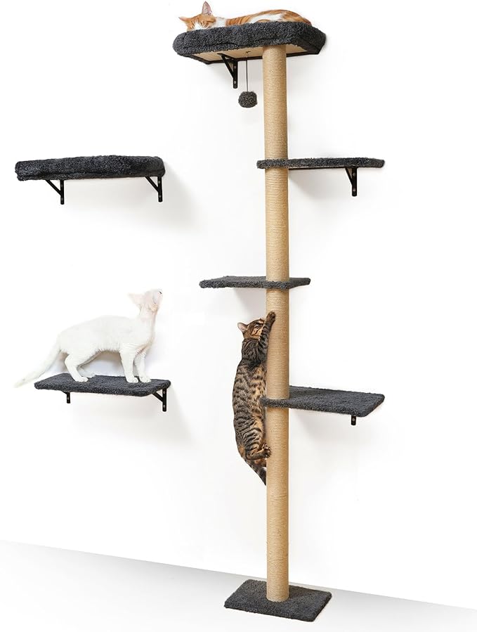 FUKUMARU Cat Wall Shelves, Stable 3-in-1 Wall Mounted Tree Set, Wooden Cats Furniture with Scratching Post, Space Saving Climbing Wall for 16 Inch Drywall - Gray