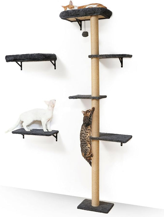 FUKUMARU Cat Wall Shelves, Stable 3-in-1 Wall Mounted Tree Set, Wooden Cats Furniture with Scratching Post, Space Saving Climbing Wall for 16 Inch Drywall - Gray