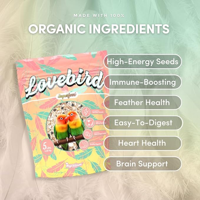 Mycelium Organic Lovebird Superfood (5 LB Bag) | High-Energy Bird Seed for Lovebirds | Premium Seeds, Grains & Superfoods for Brain, Heart, & Digestive Health | Non-GMO, USA Made, No Fillers
